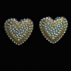 Yves Saint Laurent Heart Shaped Gold Tone Ear Clips With Crystals - France